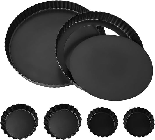6 Pcs Tart Pan with Removable Bottom, Nonstick Pie Pan 11/9/4/3In, Fluted Quiche Pan Carbon Steel for Baking Pie Cheesecake Pizzas