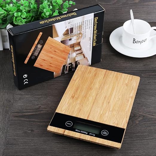 Digital Kitchen Scale with Bamboo Surface – 11lb/5kg Capacity, Touch Buttons, Tare Function, LCD Display, Auto-Off