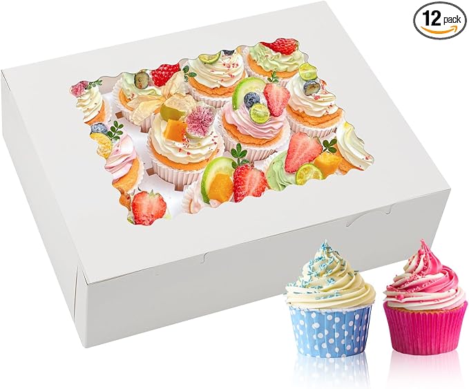 12 Sets x 12 Count Cupcake Containers Boxes Containers with Window, 12.8 x 10 x 3.5 Inch Carrier Holder Bakery for Birthday,Wedding,Party