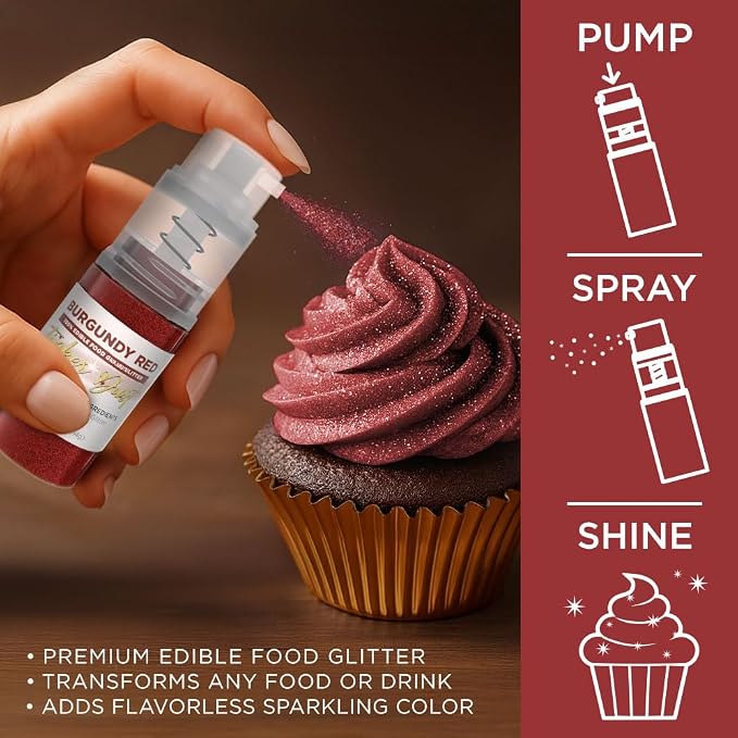 Bakell - Burgundy Red Tinker Dust (4g, 1x Mini Spray Pump) Edible Glitter for Food, Desserts, and Baked goods!