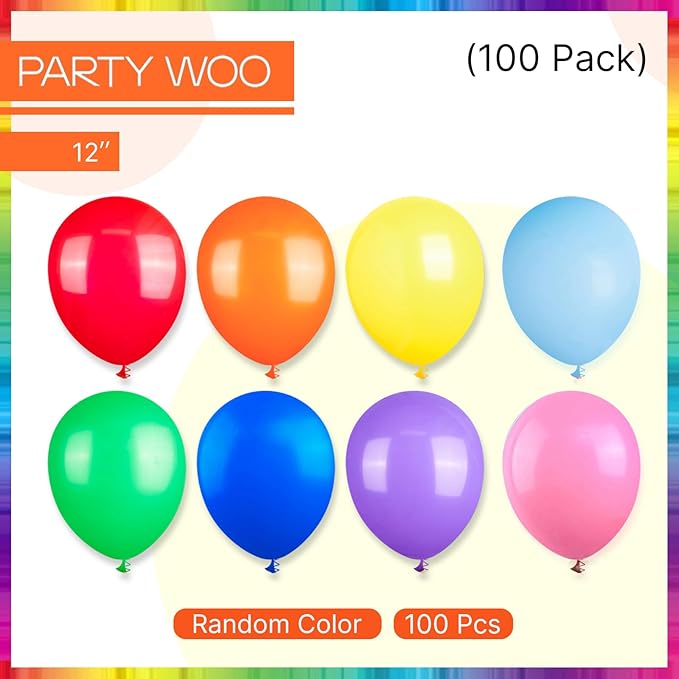 PartyWoo Assorted Colors Rainbow Balloons 100pcs 12 Inch Multicolor Colorful Primary Color Balloon for Graduation Baby Shower Unicorn Fiesta Flower Spring Rainbow Theme Birthday Party Decorations
