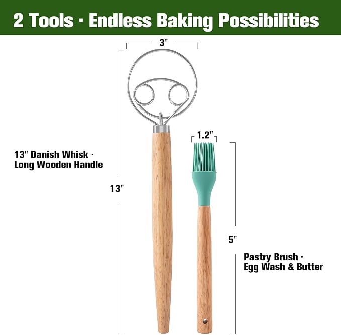 Danish Dough Whisk & Pastry Brush Set, 13-Inch Stainless Steel Sourdough Bread Tools with Long Wooden Handle, Heavy Duty Dutch Whisk for Bread, Pizza, Pastry & Sourdough Baking