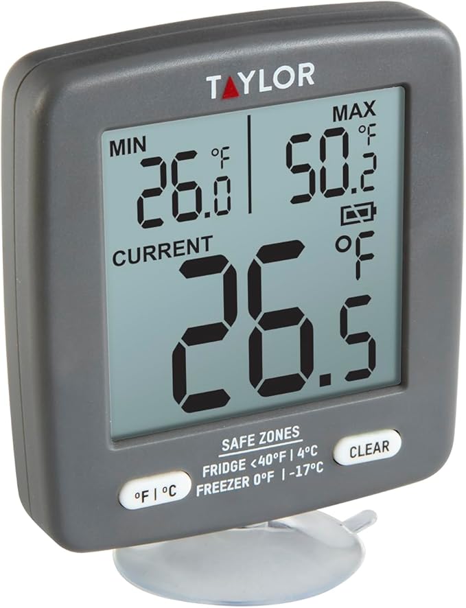 Taylor LCD Display Digital Kitchen Refrigerator/Freezer Kitchen Thermometer Min/Max on Display, 2 inch display, Gray, 1 Count (Pack of 1)