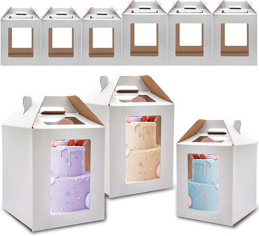 KBG Tall Cake Boxes 6pcs 14x14x16 and 16x16x18 Inches White With Window for Tier Cakes, Wedding, Birthday Transport - Large With Handle, Disposable Containers