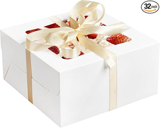 RACETOP 32pcs Cake Boxes with Window, 10x10x5 Inches White Bakery Boxes, Cookie Dessert Boxes, Pastry Box, Square Cardboard Cake Box for Cake, Birthday Party, Donuts, Wedding