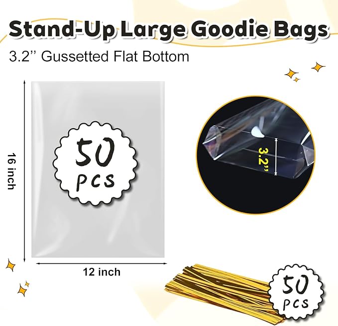 PigPotParty Cellophane Bags 12x16 Inch, 50 Pack Clear Plastic Gift Bags with Bottom Gusset for Stand-Up Display, Medium Cello Wrap for Large Goodies, Treats, Party Favors, Mugs, Includes 50 Gold Ties