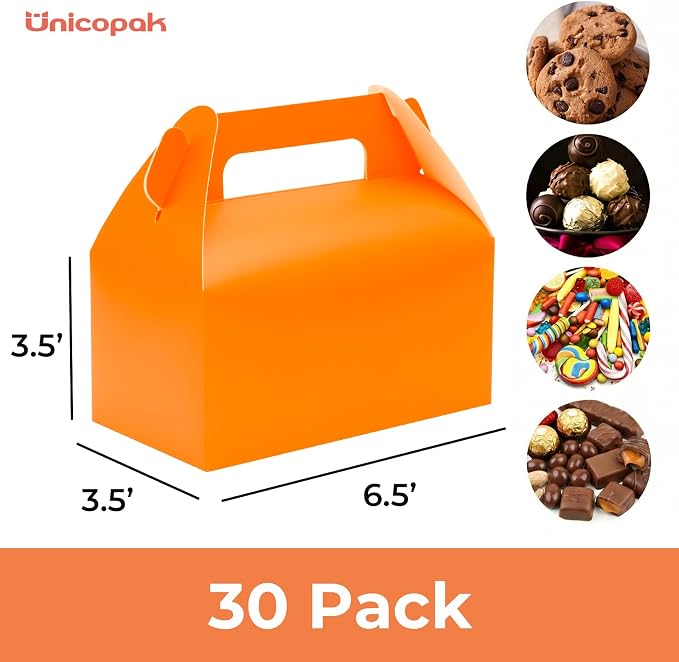 UnicoPak 30 Pack Orange Party Favor Bag Boxes, Gable Gift Boxes for Candies Treats Goodies Cookies, Ideal for Orange Party Favors, Themed Birthday Party, Valentine's Day, 6.5x3.5x3.5 Inches