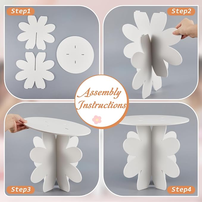 Lallisa 12" Groovy Daisy Cake Stand White 3D Floral PVC Groovy Party Decorations with Engraved Flower Holder Dessert Stand Centerpieces for Wedding Birthday Spring Tea Garden Themed Party Supplies