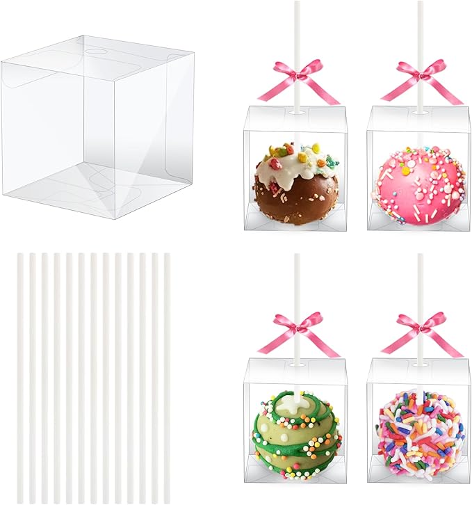 MGWOTH 100 Set Cake Pop Boxes with Paper Sticks Kit: Clear Gift Container with Holes for Candy, Macaron, Lollipop Packaging, Mini Plastic Cakepop Wrapping for Wedding Party Birthday Christmas