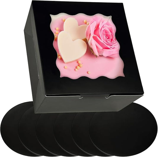 Bakepacker 36pcs 6x6x5 Inches Cake Boxes with Window 18-Packs Black 6 Inch Bakery Boxes (18 Cake Boxes +18 Cake Boards Included)