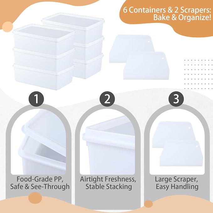 6-pack Dough Pizza Proofing Box Set-4.5l White Food Storage Containers with Lids + 2 Large Plastic Dough Scrapers-food Prep Set
