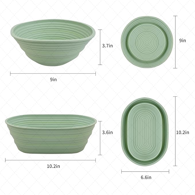 2Pcs Silicone Banneton Bread Proofing Baskets, 10" Oval & 9" Round Foldable Non-Stick Dough Proofing Bowl Containers-BPA Free, Optimum Sourdough Bread Baking Supplies (Green)
