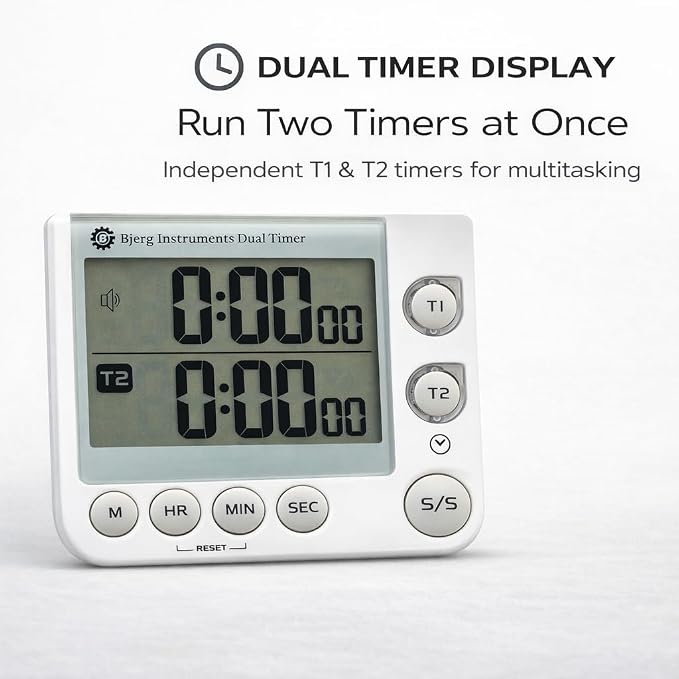 Bjerg Instruments Dual Digital Kitchen Timer – Count Up & Countdown Timer with Large LCD Display, Magnetic Back, Loud Alarm, Stand-Up Design (White)