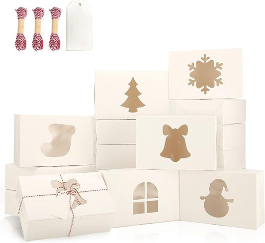 BEAVOING 24 PCS Christmas Cookie Boxes, 9x6x3 Inches Bakery Boxes with Window Pastry Treat Boxes for Chocolate Strawberries, Cupcakes, Muffins, Dessert Donuts Gift-Givingand Party（White）