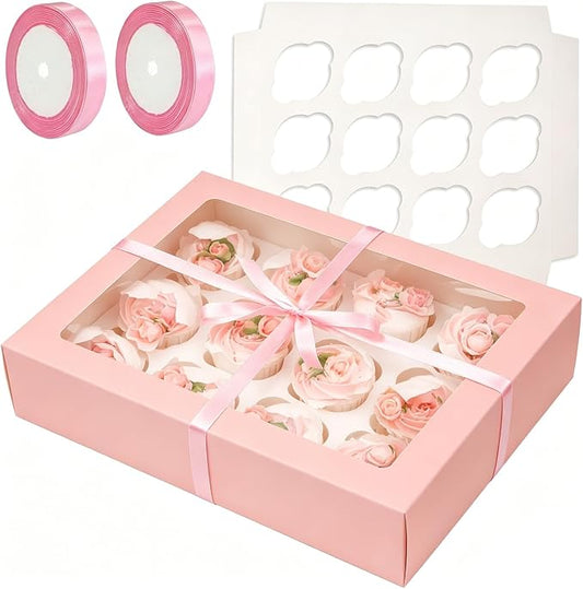 Bakepacker Auto-pop Up Cupcake Boxes with Window Pink 40PCS 12 Count Cupcake Box 13"x10"x3.5" Cupcakes Carrier, 12 Cupcake Containers with 2 rolls of pink ribbons