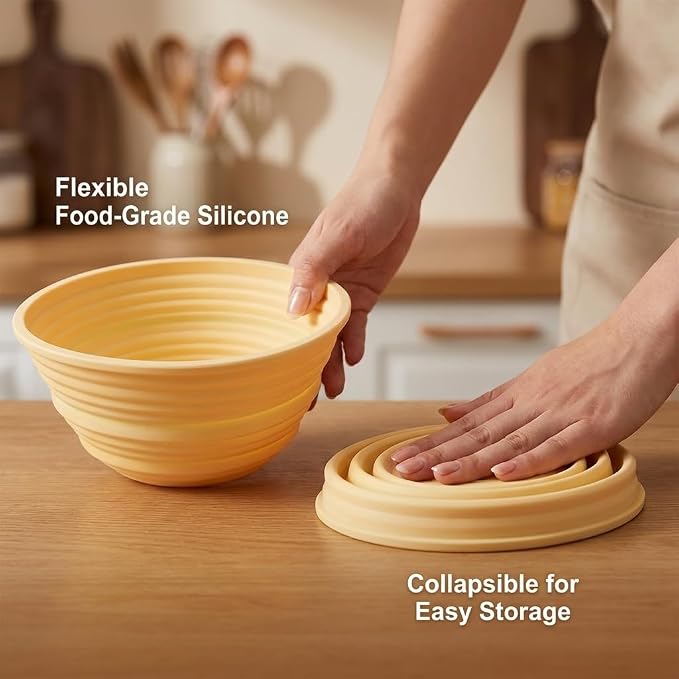 2 Pcs Foldable Silicone Banneton Bread Proofing Baskets 9.45 Inch Oval & 9 Inch Round Non-Stick Proofing Bowl Baking Basket Oven and Dishwasher Safe, Easy to Clean, Making-BPA Free (Yellow)