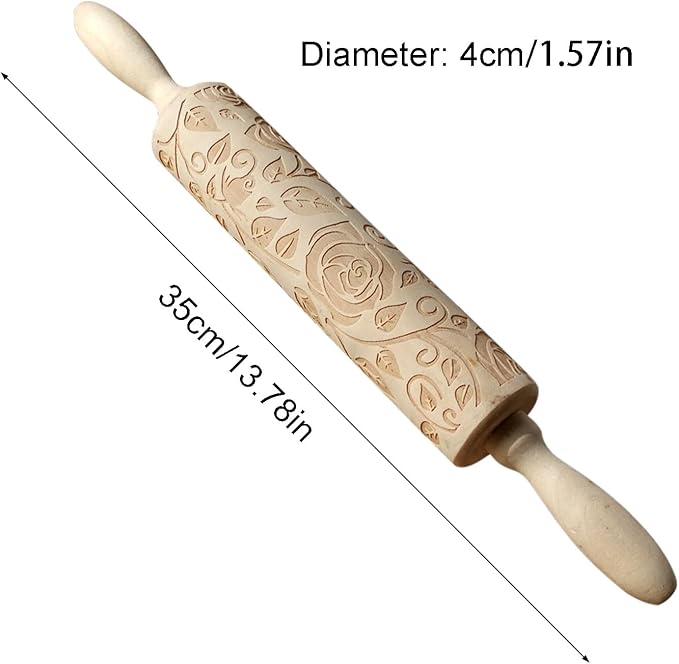 Ragyzity Wooden Embossed Rolling Pin for Baking, Rose Flower Embossed Engraved Carved Rolling Pin, Wooden Roll Pin Laser Engraved Rolling Pin DIY Tool for Making Cookie Dough Crusts Pies Pastry