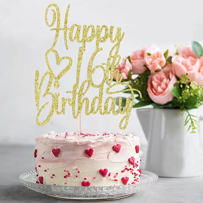 Gold Glitter Happy 16th Birthday Cake Topper - Cheers to 16 Years Cake Topper, 16 & Fabulous Cake Decoration for Hello 16th Birthday Anniversary Party Cake Decorations Supplies