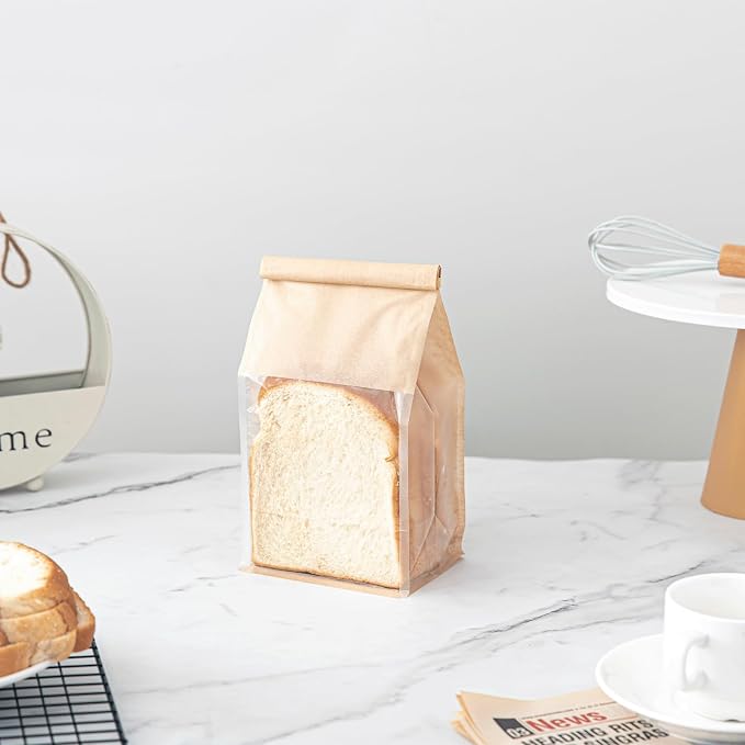 100 Pcs Bread Bags for Homemade Breads, 5.1 x 3.9 x 11 Inch Small Brown Bakery Bags with Tin Tie, Cotton Paper Loaf Bag, Storage Packing Bag with Clear Window