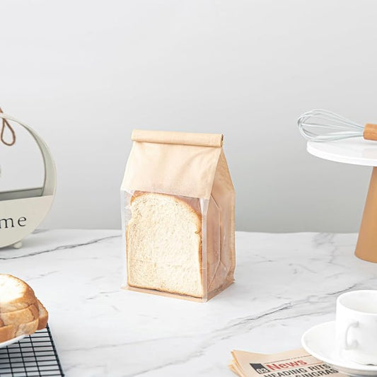 100 Pcs Bread Bags for Homemade Breads, 5.1 x 3.9 x 11 Inch Small Brown Bakery Bags with Tin Tie, Cotton Paper Loaf Bag, Storage Packing Bag with Clear Window