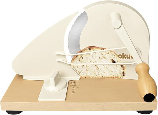 Manual Bread Slicer for Homemade Sourdough – Hand Crank Rotary Slicer | 0–0.8″ Adjustable Thickness, Stainless Steel Serrated Blade, Non-Slip Suction Cups, and Aluminum Alloy Frame