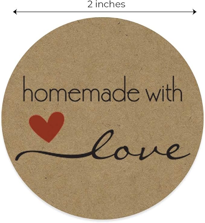 2" Brown Kraft Homemade with Love Stickers/Roll of 500 Crafting Labels / 2 Inch Diameter Round Canning Crafting Project Label/Made in The USA