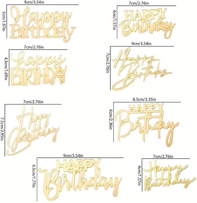 8 Styles 3.5 inch Acrylic Gold Happy Birthday Cake Topper Cake Decoration Party Supplies