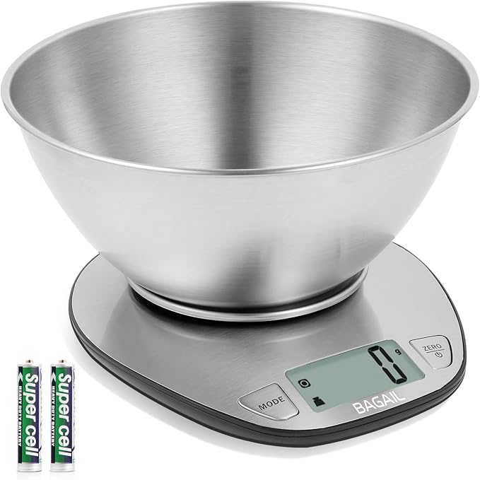 BAGAIL Digital Kitchen Food Scale with Stainless Steel Bowl, 11lb/5kg | 7 Weight Units, Large Clear Display, Gram Scale, For Baking & Cooking, Wet and Dry Ingredients, Batteries Included