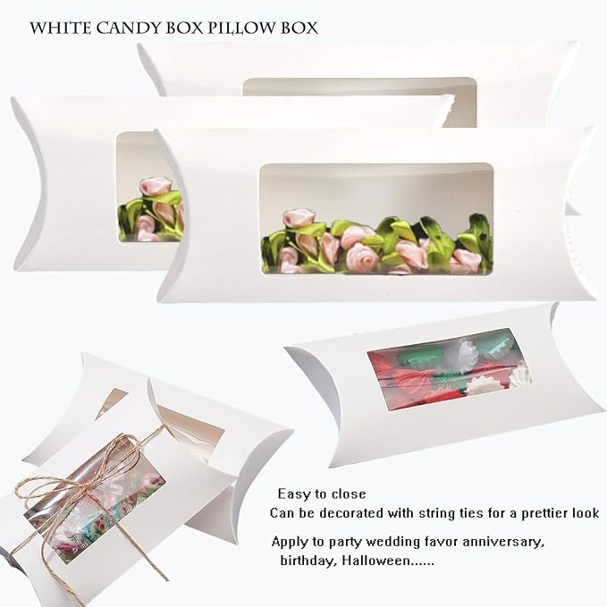 50 Pcs Pillow Gift Boxes with Windows,Kraft Paper Mini Pillow Packaging Box, Creative Favor Box Folding Treat Boxes with Clear Window for Bakery Candy Chocolate Jewelry Display Wedding Party (White)