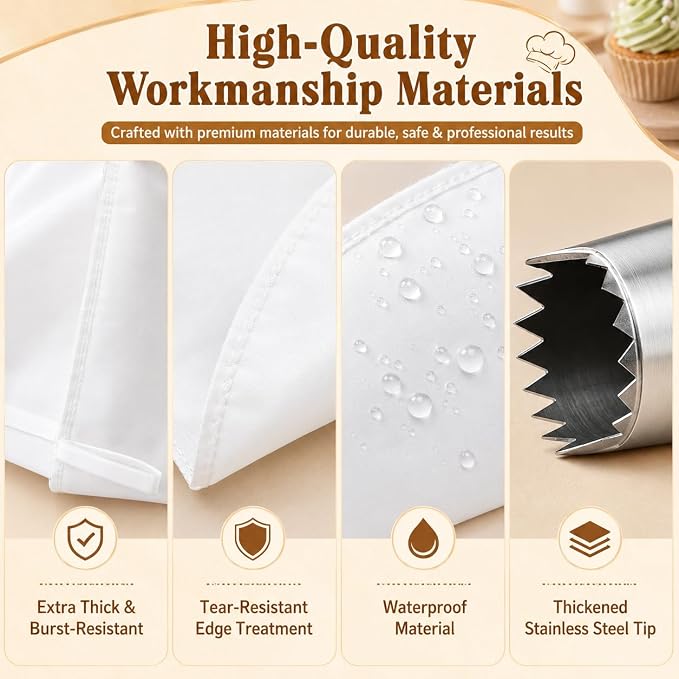 10-Piece Reusable Piping Bags and Tips Set-Cotton Baking Kit with Coupler,16inch Pastry Bags,Stainless Steel Nozzles & Cleaner for Cakes/Cupcakes/Cookies Decorating (10 Pcs)