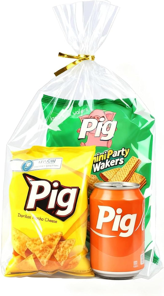 PigPotParty Cellophane Bags 12x16 Inch, 100 Pack Clear Plastic Gift Bags, Bottom Gusset for Stand-Up Display, Medium Cello Wrap for Large Goodies, Treats, Party Favors, Mugs, Includes 100 Gold Ties