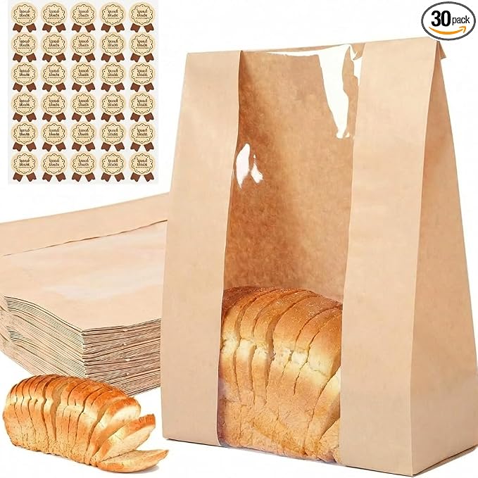 30 pack bread paper bags with window, including 30 homemade bread storage label seal stickers (13.7x8.3x3.5 inches)