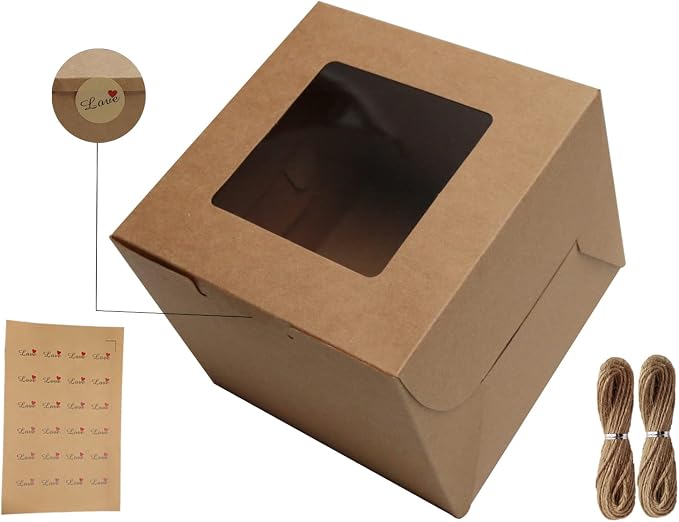 Kraft Bakery Boxes 6x6x5 Inch - 12Pack Window Gift Boxes | Includes twine & stickers. Sturdy kraft. For cookies, cupcakes, pastries, wedding favors, party treats & DIY