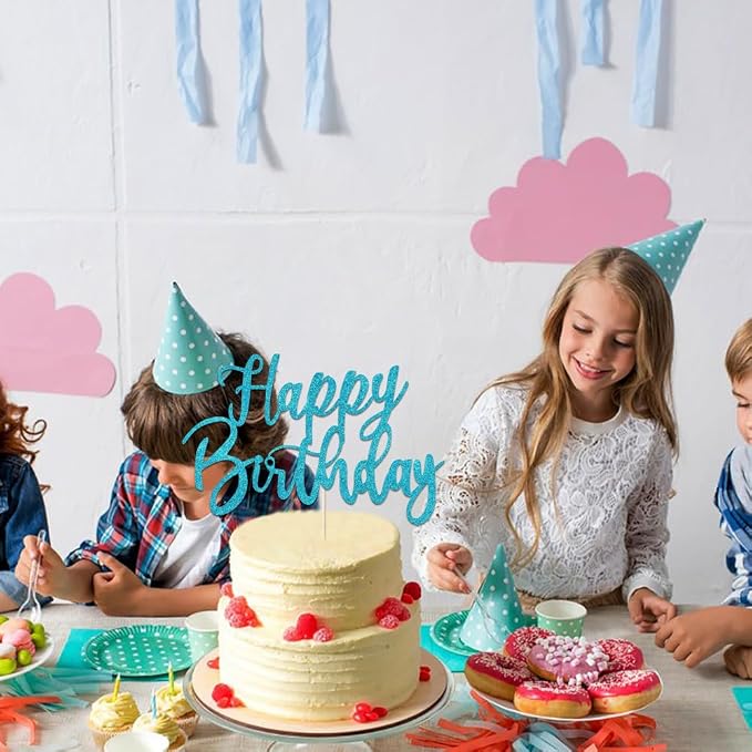 Handmade Glitter happy birthday Cake Topper, Happy Birthday Cake Bunting Decor,Birthday Party Decoration Supplies (Blue)