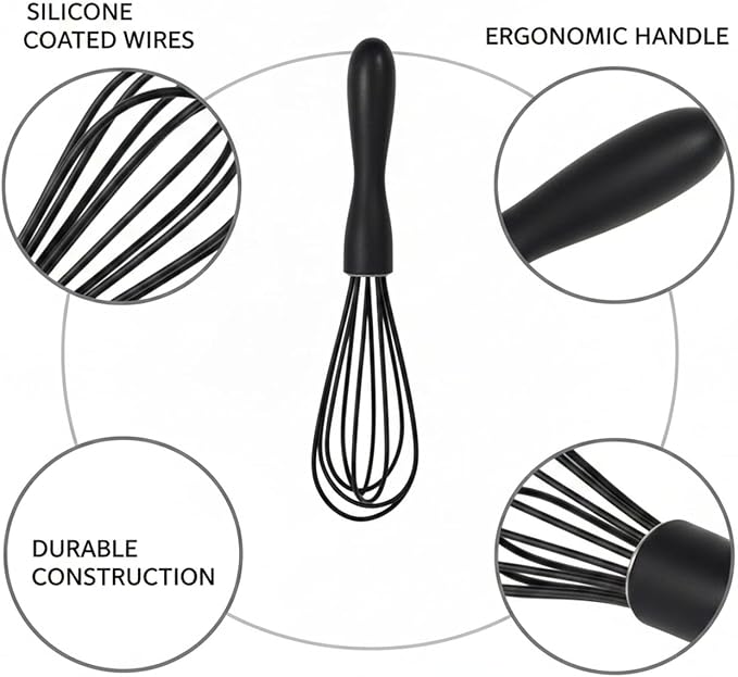 Silicone Wire Whisk, Stainless Steel Core Coated Wires for Nonstick Cookware, 10.2 Inch Mixing Tool (1 PC)