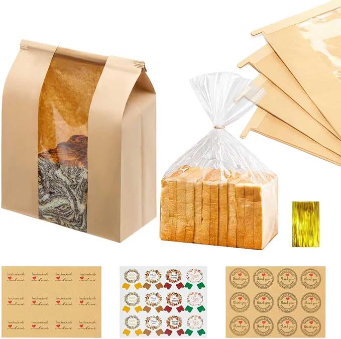 50 Pack14 x 8.3 x 3.5 inch Large Kraft Paper Bread Bags for Homemade Bread Sourdough Bags and 50 Pack 18 x 8 x 4 Inch Clear Bread Bags for Baked Food Packaging Storage (100)