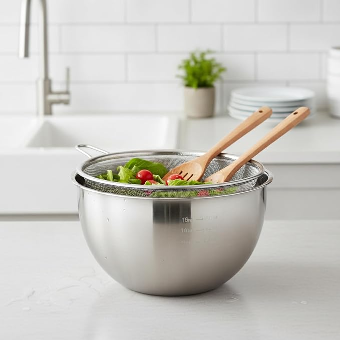Stainless Steel Mixing Bowl Set with Nested Strainer, 2-in-1 Prep Basin for Washing, Draining, and Mixing