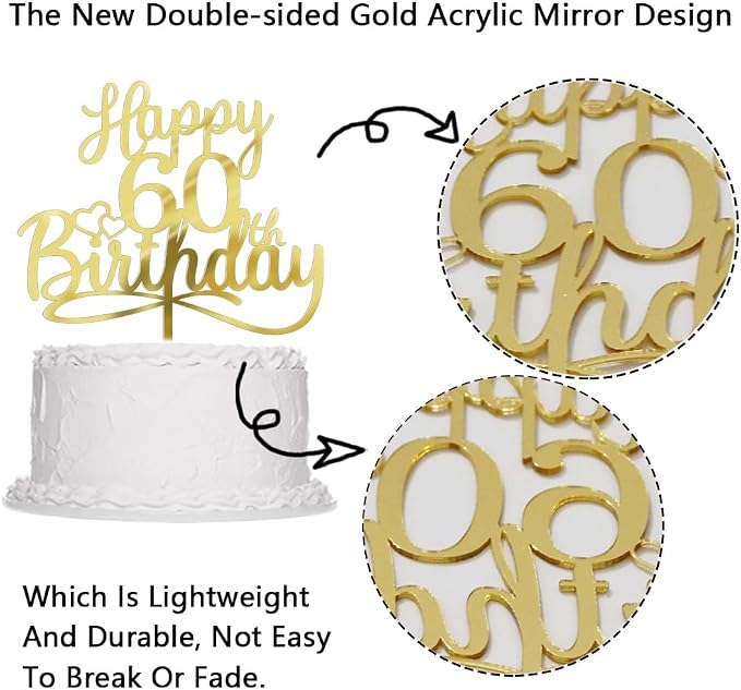 Sleyberoy Acrylic Happy 60th Birthday Cake Topper- Hello 60,Cheers to 60 Years,60th Anniversary/Birthday Party、 men and women Happy sixty Birthday Selected cake decoration (60th)