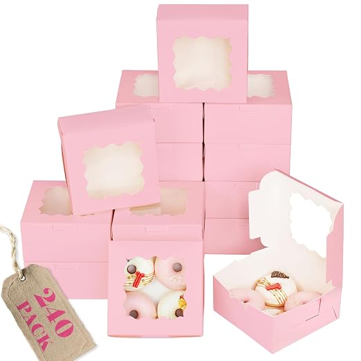 Bakepacker 240pcs Pink Cookie Boxes 6x6x3 inches Easy Assemble Macaroon Pastry Boxes Bakery Boxes with Window for Bakery