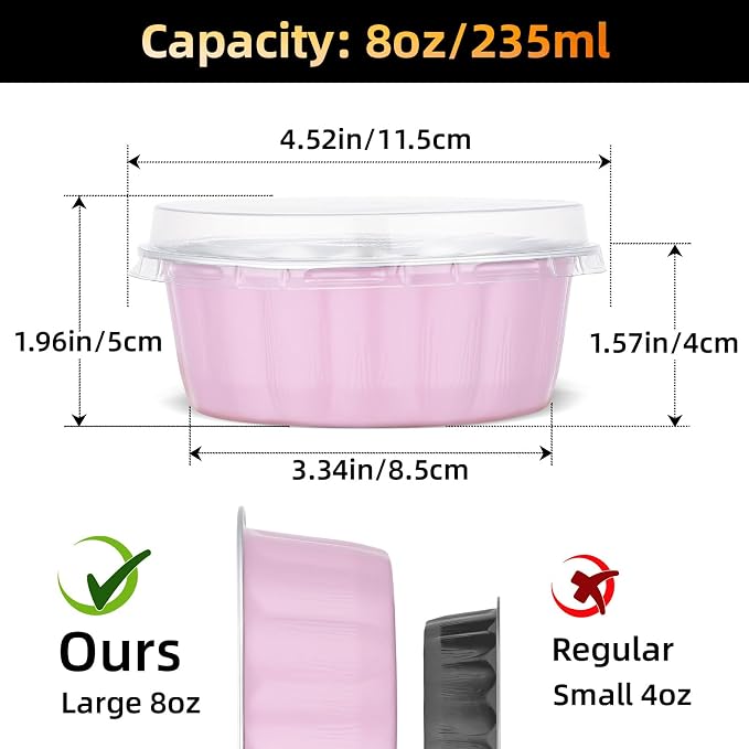 Beasea 8oz Disposable Ramekins with Lids, 120 Pack 235ml Aluminum Foil Baking Cups, Round Muffin Mini Creme Brulee Cups Tins Individual Cupcake Containers for Party Wedding - Pastel Pink