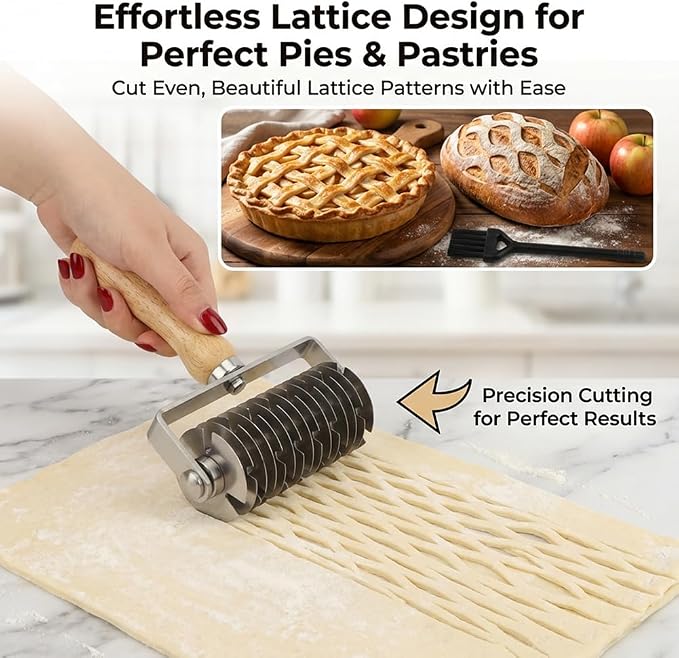 Pastry Lattice Roller Cutter with 1 Small Brush, Stainless Steel Lattice Pastry Cutter with Wooden Handle for Beef Wellington Pie Bread Cookie Pizza(COLOR:Silver)