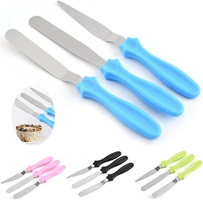 Cake Cream Spatulas, 3 Pieces of Cake Angled Spatula with Stainless Steel, Professional Cake Decorating, Pastry & Baking, Icing Frosting Cream Chocolate Cake Spatula (3 Pcs Blue)