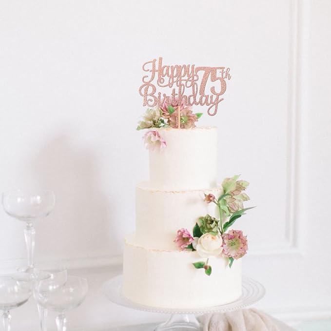 1 PCS Happy 75th Birthday Cake Topper Glitter Cheers to 75 Years Birthday Cake Pick 75 Fabulous Cake Decoration for Happy 75th Birthday Theme Party Decorations Supplies Rose Gold