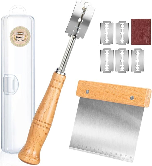 Hand Crafted Bread Lame Premium Sourdough Scoring Tool Bread Making Tools Set of 2 pieces Bread Knife(5 Blades) with Dough Scraper Bread Cutter
