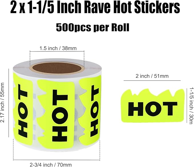 Hybsk 2 x 1-1/5 Inch Fluorescent Yellow Hot Flame Sticker HOT Imprint 500 Labels Per Roll (Fluorescent Yellow)
