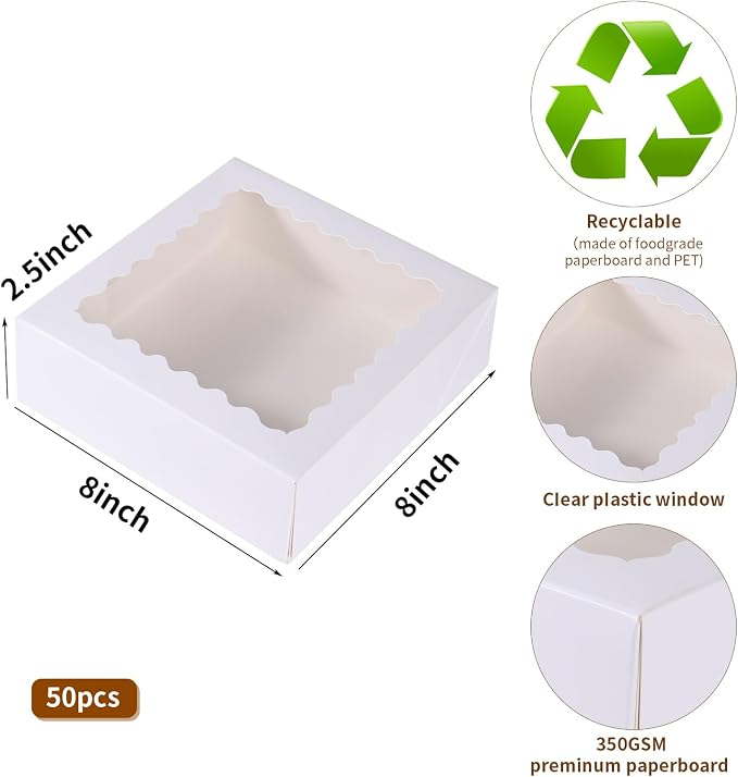 50 pcs 8x8x2.5 Inches Bakery Boxes with Window, Cake Pastry Cookie Mini Pie Box for Pastry,Dessert,Strawberries,Chocolates (White)