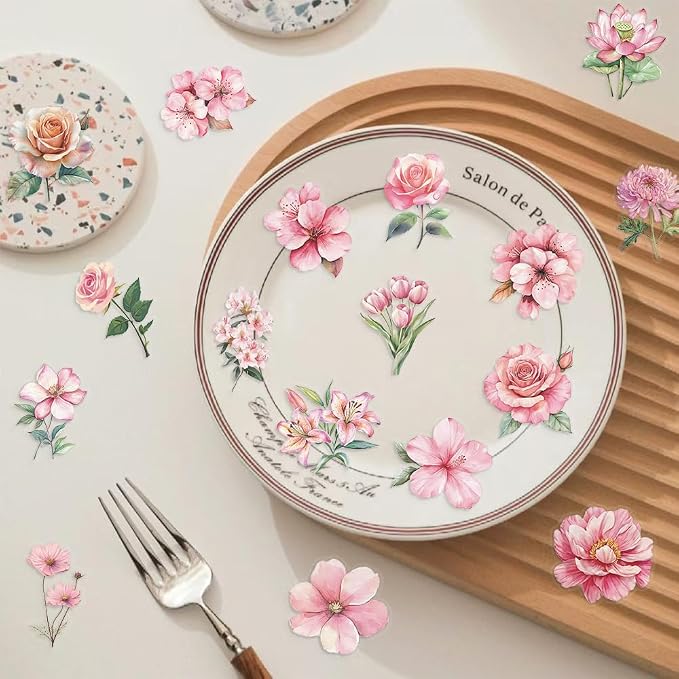 50Pcs Transparent Pink Flower Stickers PET Waterproof Nature Flower Decals Decorative for Water Bottles Phone Cases Laptops Scrapbook DIY Crafts Album Journal Plant Enthusiast (Pink Flower)
