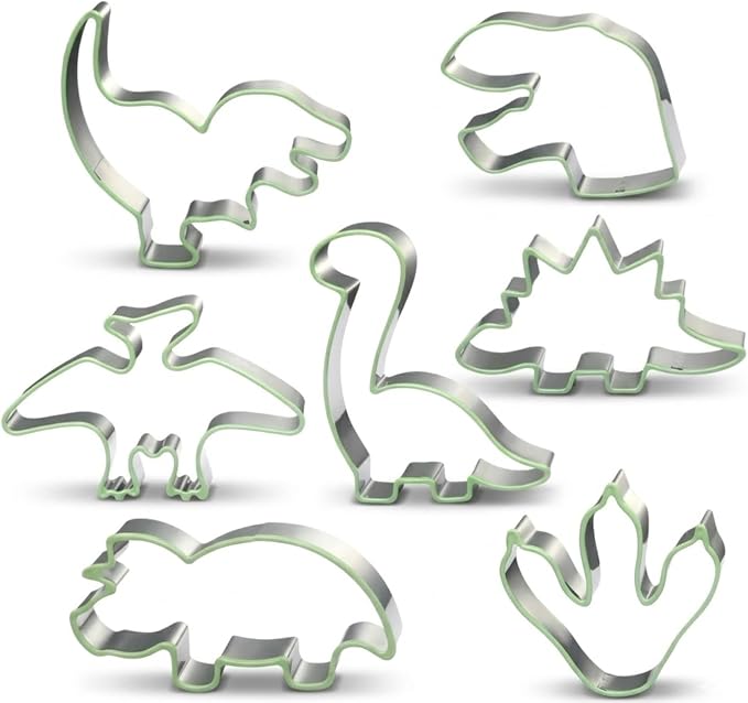 LUBTOSMN New 7 Piece Dinosaur Cookie Cutters Set with Silicone Protective Rim, Dishwasher Safe Stainless Steel Cookie Cutters for Cookies, Fondant, Sandwiches, Biscuits, Pancakes and Pastries