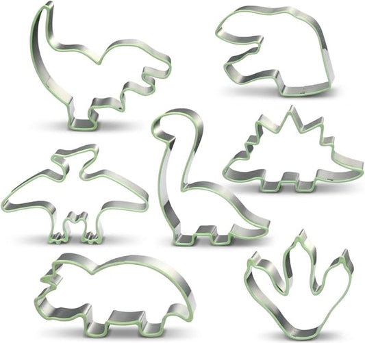 LUBTOSMN New 7 Piece Dinosaur Cookie Cutters Set with Silicone Protective Rim, Dishwasher Safe Stainless Steel Cookie Cutters for Cookies, Fondant, Sandwiches, Biscuits, Pancakes and Pastries