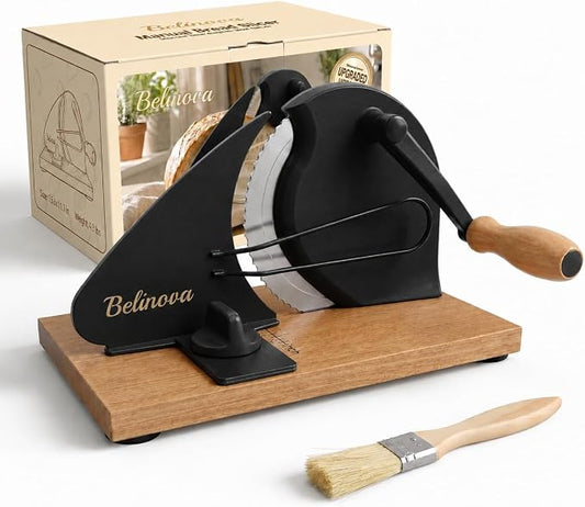 Sourdough Bread Slicer for Homemade Bread, Adjustable Thickness, Hand Crank | Adjustable thickness up to 0.9 in, 430 stainless steel blade, anti-jam guide, solid wood base, suction feet, and hand crank.